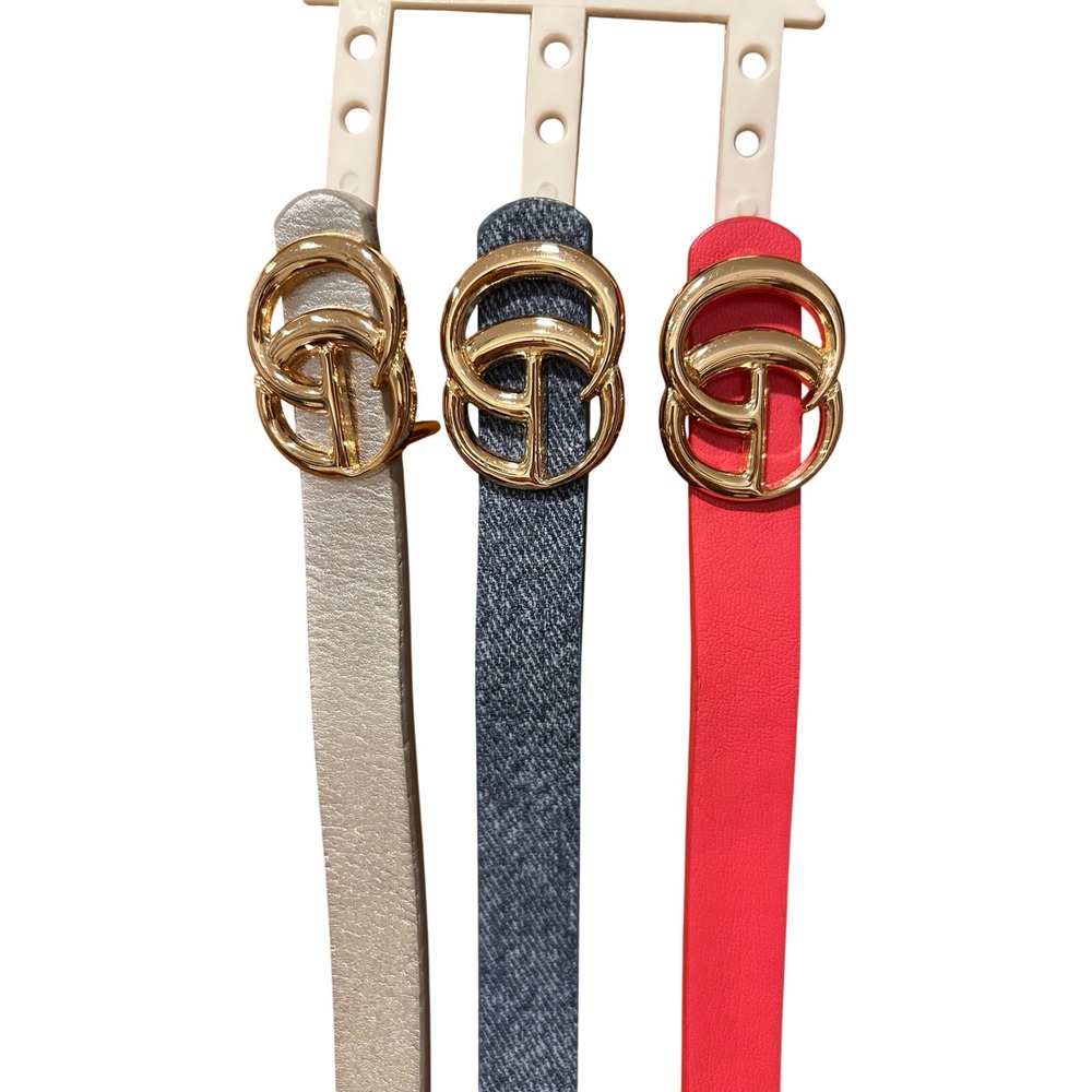 Set of 3 Skinny Belts Gold Buckle Metallic Silver Denim Blue Coral Red - 31 in